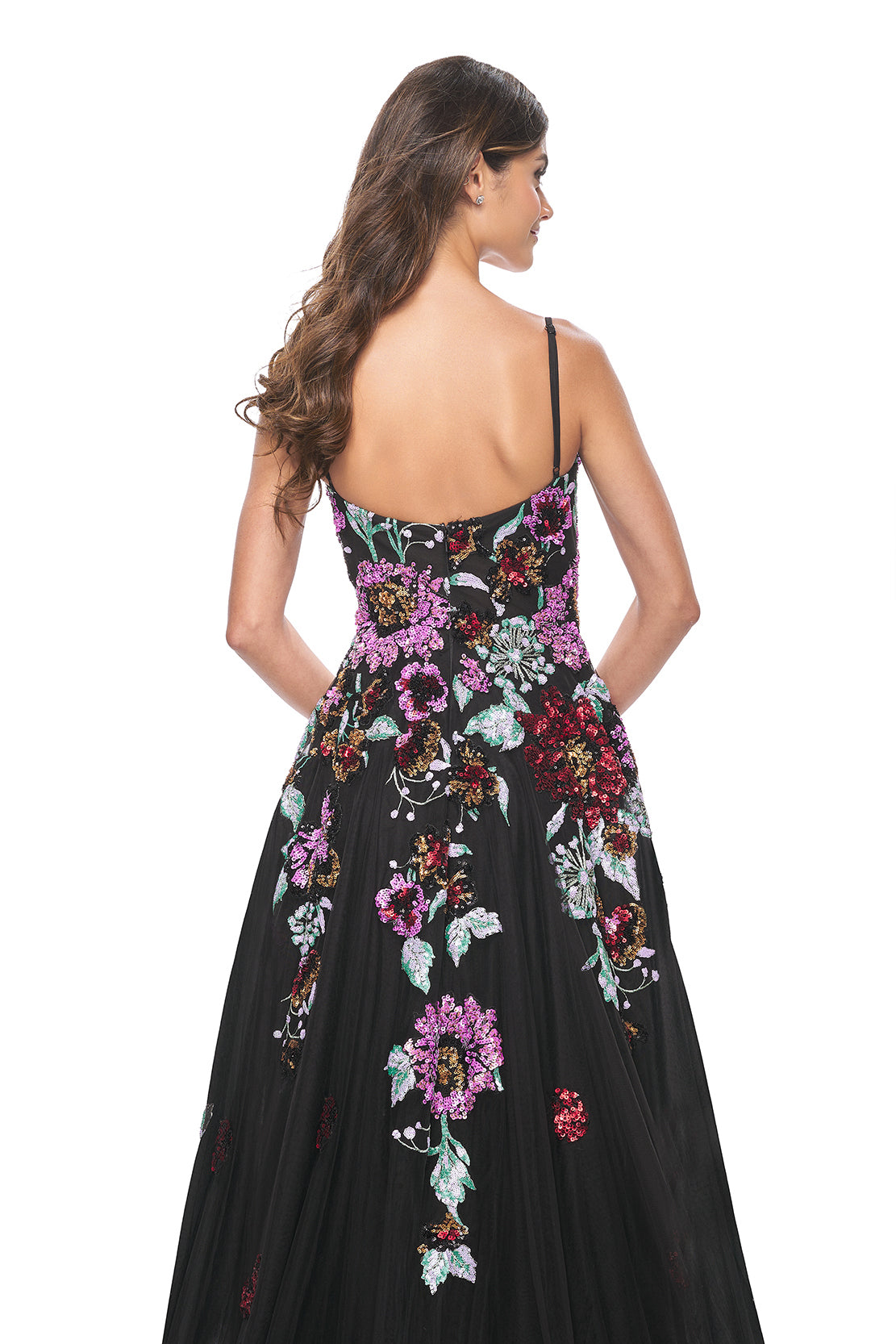 La Femme 32019 A-Line Gown with Multi-Color Floral Sequin Applique - A graceful A-line gown featuring delicate tulle, horsehair hem, and enchanting multi-color floral sequin applique. Perfect for proms and formal evening events.