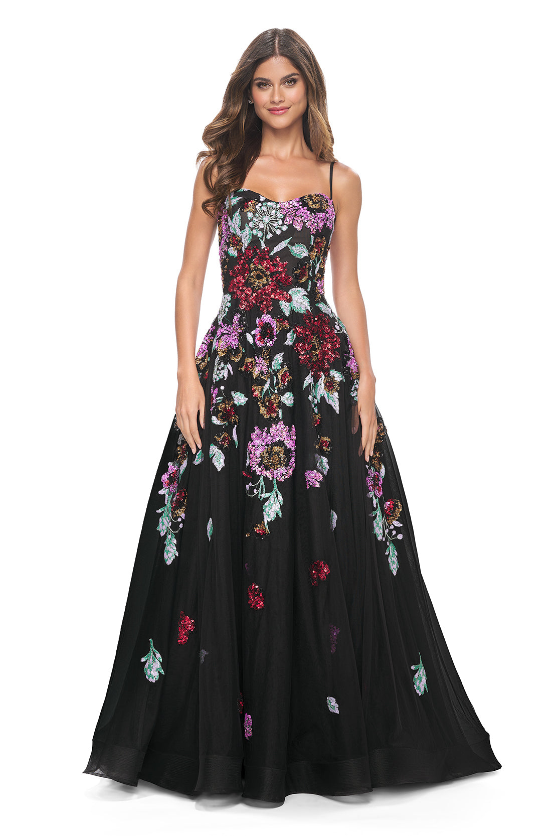 La Femme 32019 A-Line Gown with Multi-Color Floral Sequin Applique - A graceful A-line gown featuring delicate tulle, horsehair hem, and enchanting multi-color floral sequin applique. Perfect for proms and formal evening events.