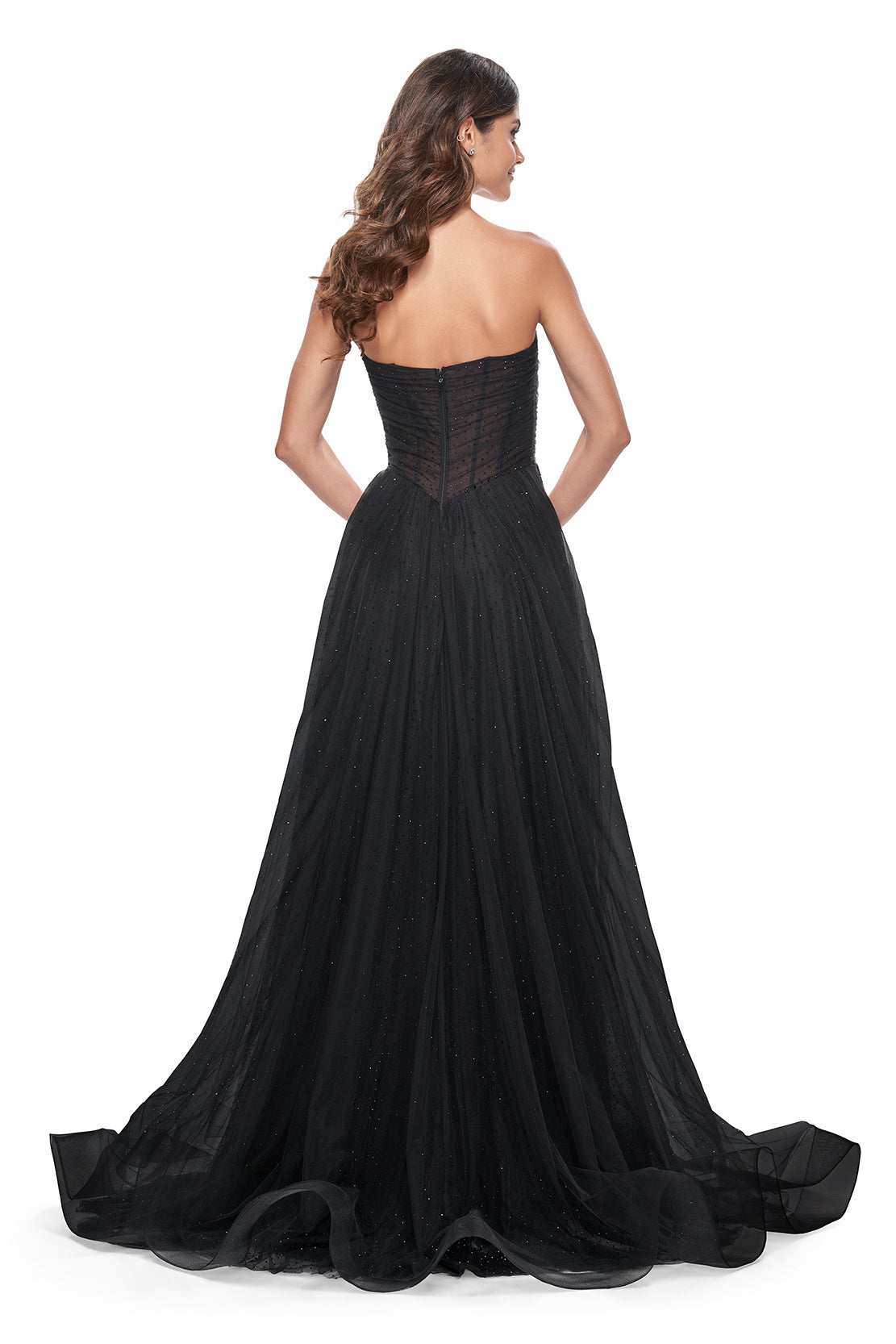 La Femme 32029 Rhinestone Embellished Tulle Gown with High Slit - A glamorous tulle gown adorned with intricate rhinestones, featuring an illusion waist with boning, a strapless bodice, and a captivating high slit. Ideal for proms and formal evening events.