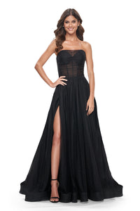 La Femme 32029 Rhinestone Embellished Tulle Gown with High Slit - A glamorous tulle gown adorned with intricate rhinestones, featuring an illusion waist with boning, a strapless bodice, and a captivating high slit. Ideal for proms and formal evening events.