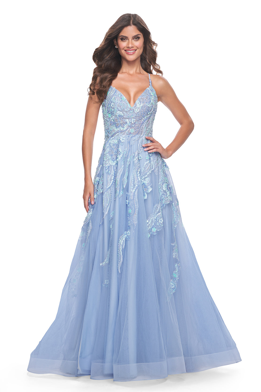La Femme 32032 Enchanting A-Line Prom Gown - A captivating gown featuring a unique sequin beaded applique, A-line silhouette, V-shaped neckline, and adjustable lace-up back. Ideal for prom night.  Model is wearing the dress in cloud blue.