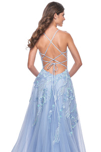La Femme 32032 Enchanting A-Line Prom Gown - A captivating gown featuring a unique sequin beaded applique, A-line silhouette, V-shaped neckline, and adjustable lace-up back. Ideal for prom night.  Model is wearing the dress in cloud blue.  Back View.