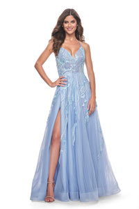 La Femme 32032 Enchanting A-Line Prom Gown - A captivating gown featuring a unique sequin beaded applique, A-line silhouette, V-shaped neckline, and adjustable lace-up back. Ideal for prom night.  Model is wearing the dress in cloud blue.