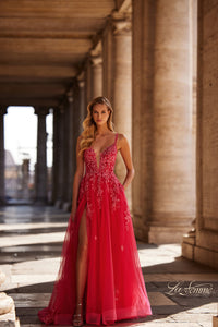 La Femme 32062 A-Line Lace Applique Prom Gown - An enchanting A-line gown featuring a deep v-neck, high slit, lace applique embellished bodice, lace detailed hem, and a charming tie-up back. Perfect for prom or a quinceañera. Model is wearing strawberry.