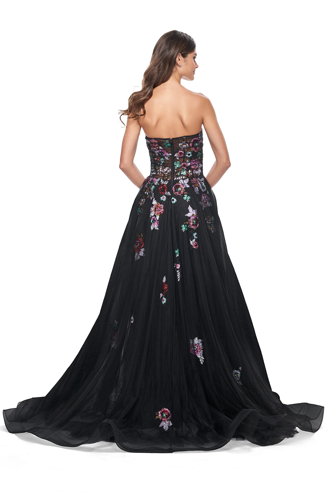 La Femme 32072 Strapless Multi-Color Lace Evening Gown - A stunning A-line gown with multi-color lace floral embellishment, a layer of tulle over the print, and an illusion bodice with exposed boning for a vibrant and stylish look.