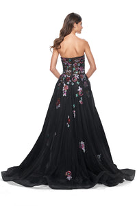 La Femme 32072 Strapless Multi-Color Lace Evening Gown - A stunning A-line gown with multi-color lace floral embellishment, a layer of tulle over the print, and an illusion bodice with exposed boning for a vibrant and stylish look.