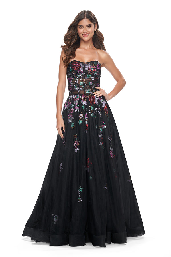 La Femme 32072 Strapless Multi-Color Lace Evening Gown - A stunning A-line gown with multi-color lace floral embellishment, a layer of tulle over the print, and an illusion bodice with exposed boning for a vibrant and stylish look.