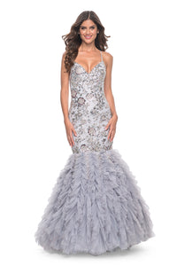 La Femme 32105 Unique Mermaid Ruffle Tulle Prom Gown - A distinctive prom gown with a unique mermaid silhouette, ruffle tulle skirt, sequin and beaded design, and a lace-up back for a stylish and customized fit.