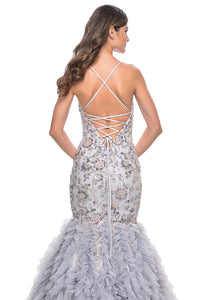 La Femme 32105 Unique Mermaid Ruffle Tulle Prom Gown - A distinctive prom gown with a unique mermaid silhouette, ruffle tulle skirt, sequin and beaded design, and a lace-up back for a stylish and customized fit.