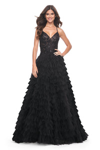 La Femme 32108 - Enchanting A-line ruffle tulle prom gown with high slit, ruched bodice, and sequin floral applique for a magical and graceful look.