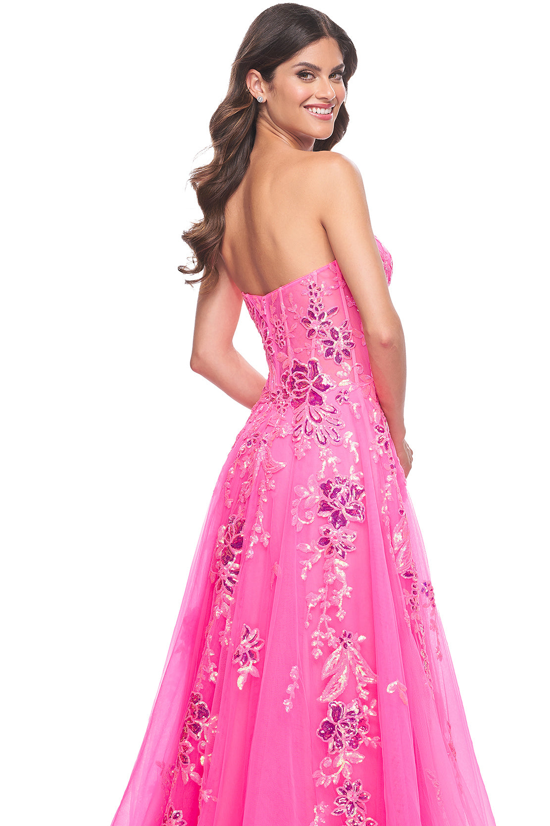 La Femme 32137 Sequin Floral Applique Tulle A-Line Gown - An enchanting A-line gown with sequin floral applique embellished tulle, a strapless top, and exposed boning detail on the bodice for a romantic and alluring look.