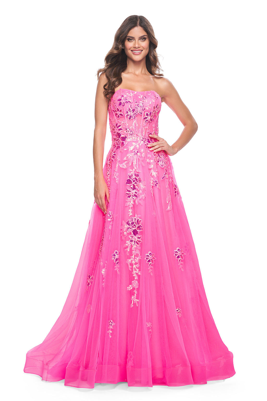 La Femme 32137 Sequin Floral Applique Tulle A-Line Gown - An enchanting A-line gown with sequin floral applique embellished tulle, a strapless top, and exposed boning detail on the bodice for a romantic and alluring look.