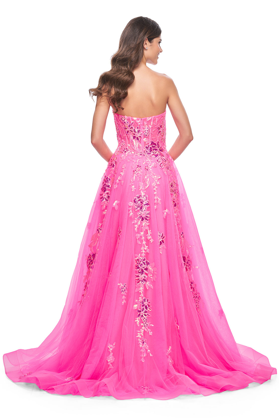 La Femme 32137 Sequin Floral Applique Tulle A-Line Gown - An enchanting A-line gown with sequin floral applique embellished tulle, a strapless top, and exposed boning detail on the bodice for a romantic and alluring look.