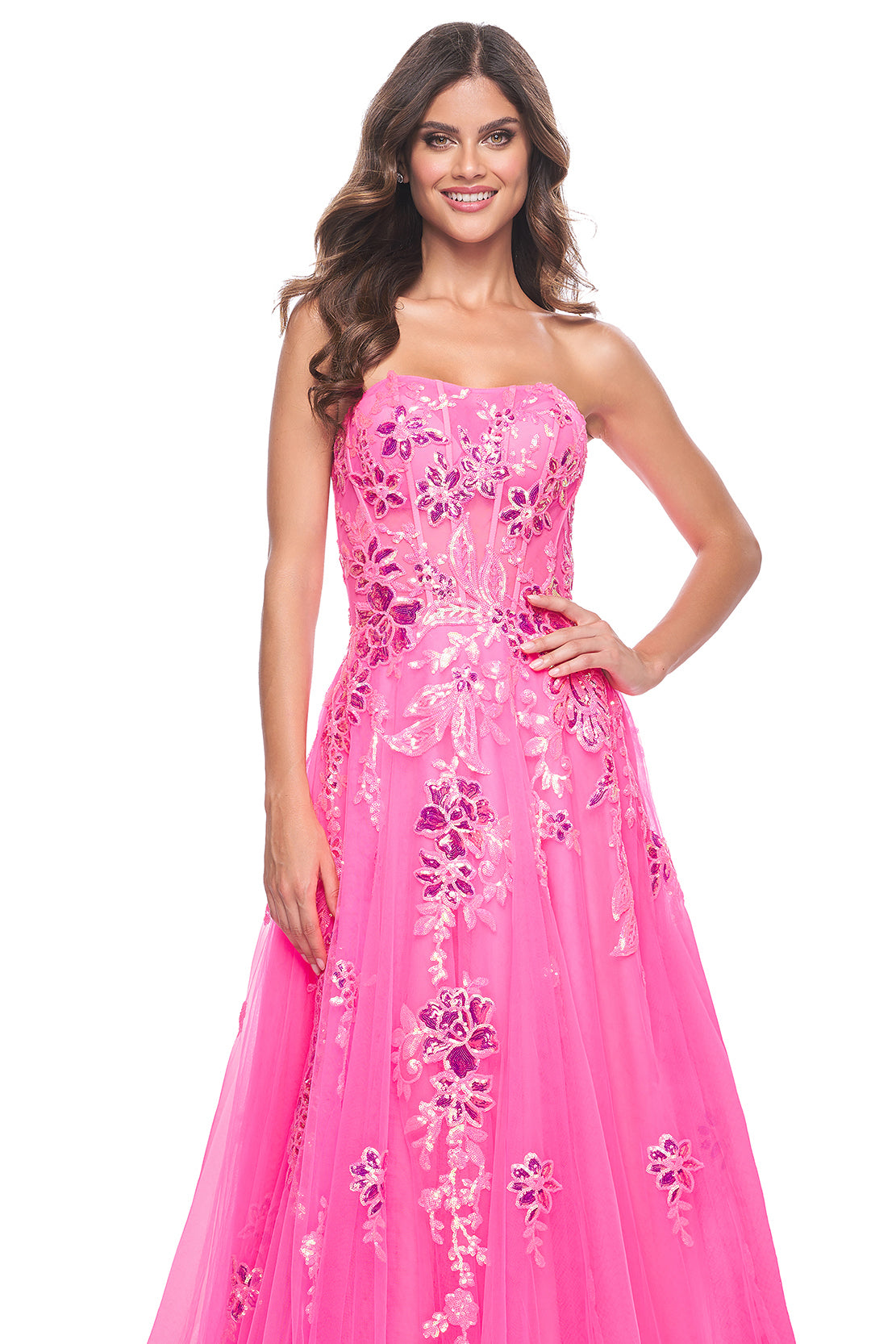 La Femme 32137 Sequin Floral Applique Tulle A-Line Gown - An enchanting A-line gown with sequin floral applique embellished tulle, a strapless top, and exposed boning detail on the bodice for a romantic and alluring look.