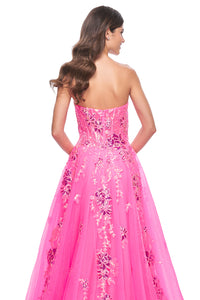 La Femme 32137 Sequin Floral Applique Tulle A-Line Gown - An enchanting A-line gown with sequin floral applique embellished tulle, a strapless top, and exposed boning detail on the bodice for a romantic and alluring look.