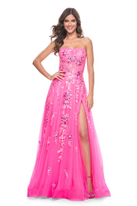 La Femme 32137 Sequin Floral Applique Tulle A-Line Gown - An enchanting A-line gown with sequin floral applique embellished tulle, a strapless top, and exposed boning detail on the bodice for a romantic and alluring look.