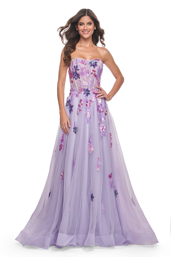 La Femme 32156 Strapless A-Line Tulle Prom and Quinceañera Dress - A captivating A-line tulle dress featuring a strapless design and floral multicolor sequin lace applique details, perfect for making a statement at prom or quinceañera celebrations.  The model is wearing the dress in the color Lavender.  Front view.