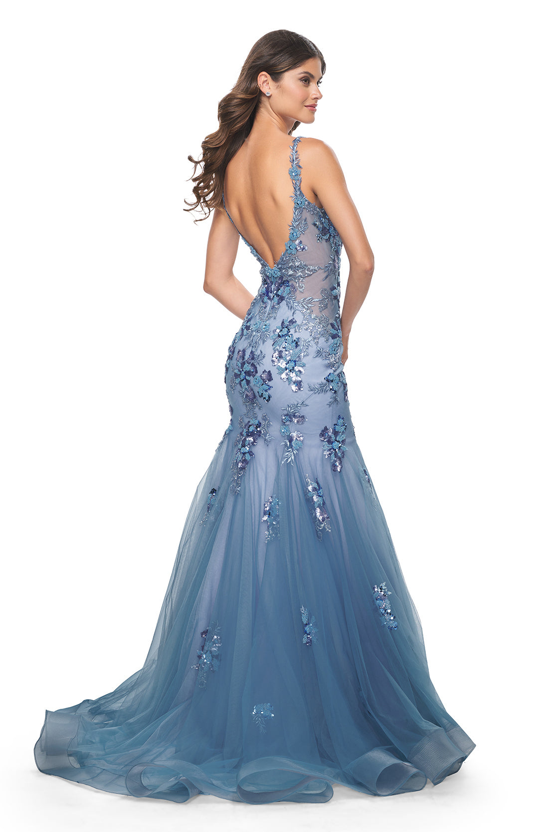 La Femme 32192 Two-Tone Mermaid Prom Gown - A stunning mermaid gown with a two-tone design, V neckline, sequin lace beaded floral applique, and illusion sides and back for an enchanting and captivating look. Perfect for prom night.