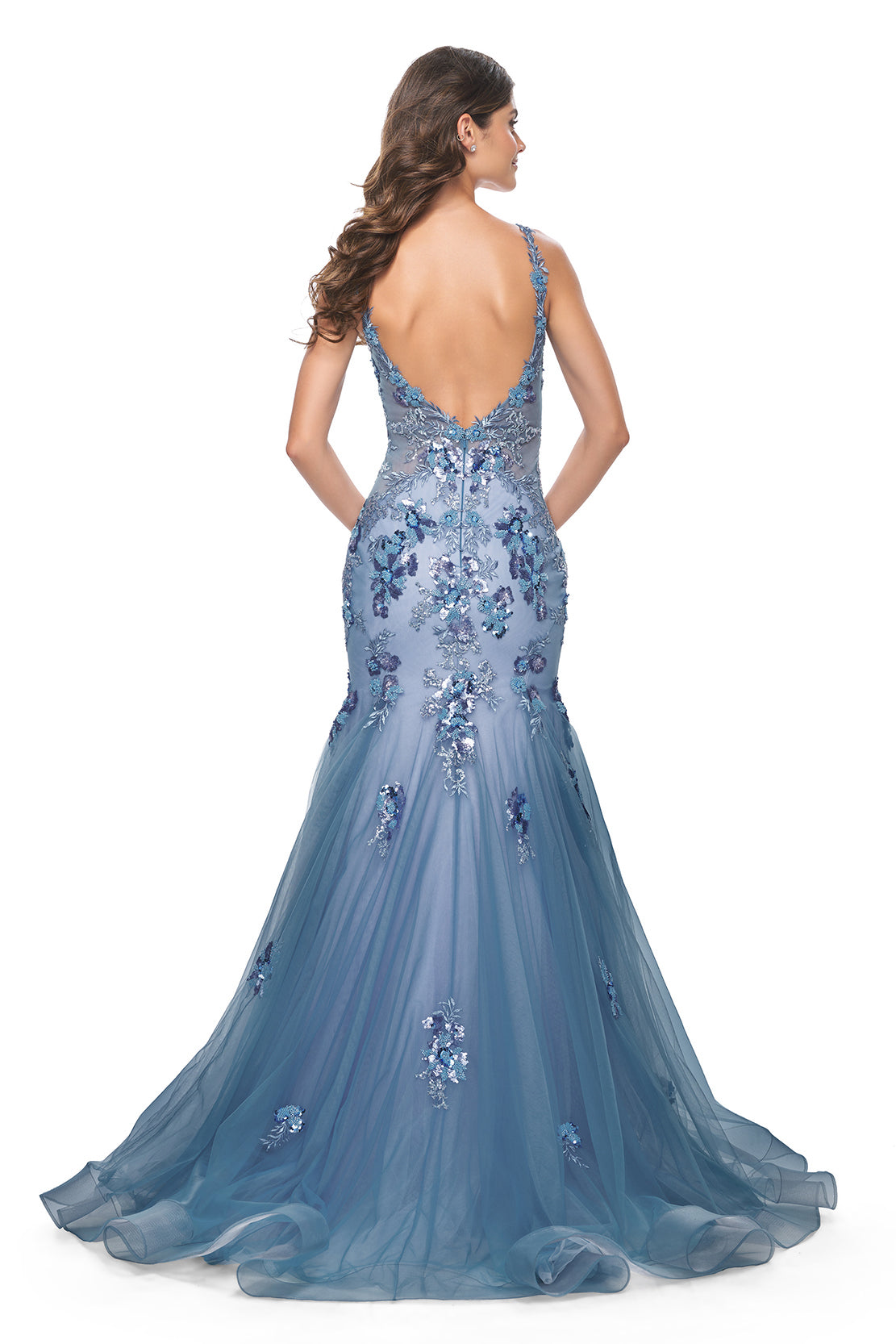 La Femme 32192 Two-Tone Mermaid Prom Gown - A stunning mermaid gown with a two-tone design, V neckline, sequin lace beaded floral applique, and illusion sides and back for an enchanting and captivating look. Perfect for prom night.