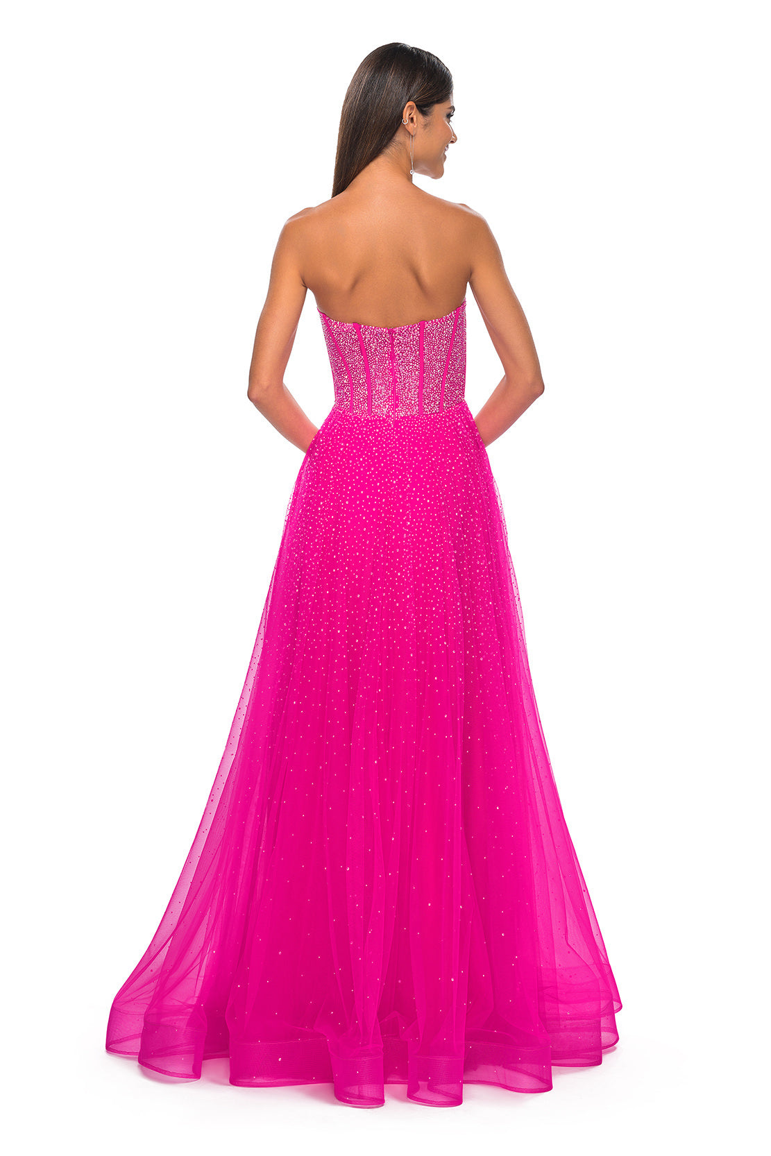 La Femme 32278 - Alluring A-line tulle prom gown with rhinestone embellishments, high slit, and corset illusion details for a glamorous and enchanting look.