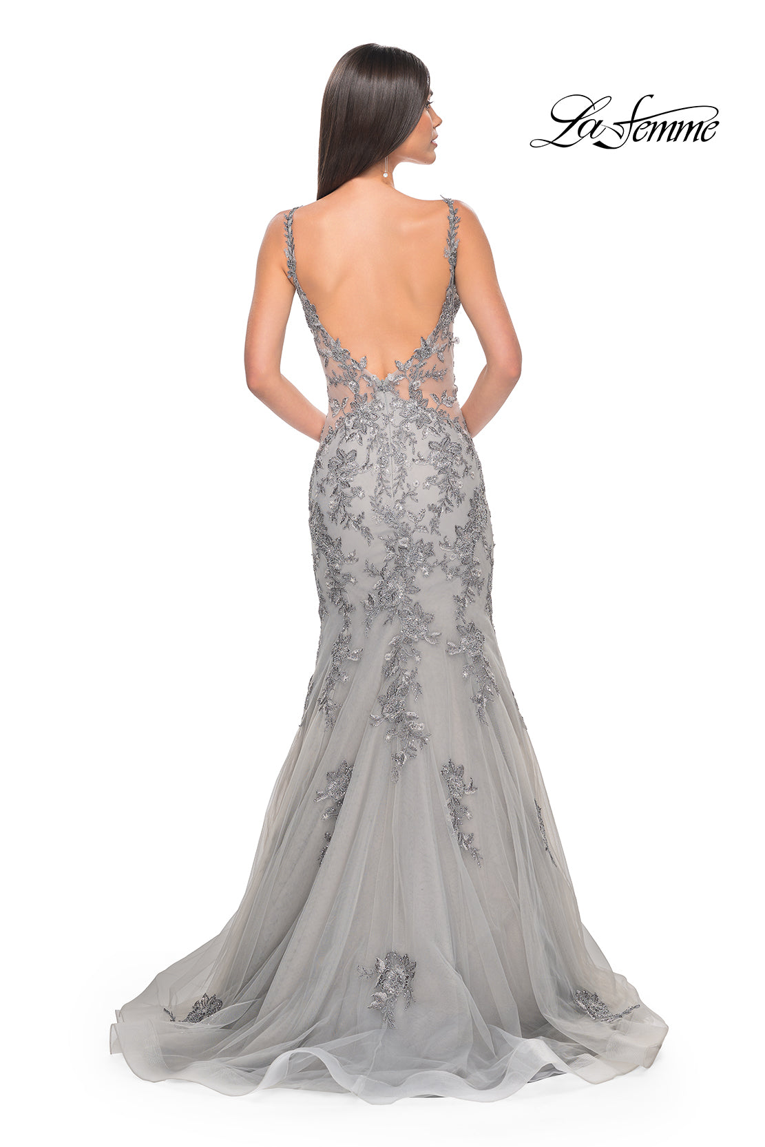 La Femme 32295 - An enchanting mermaid gown with lace applique and illusion mesh sides, perfect for a classic yet modern look at prom or evening events.