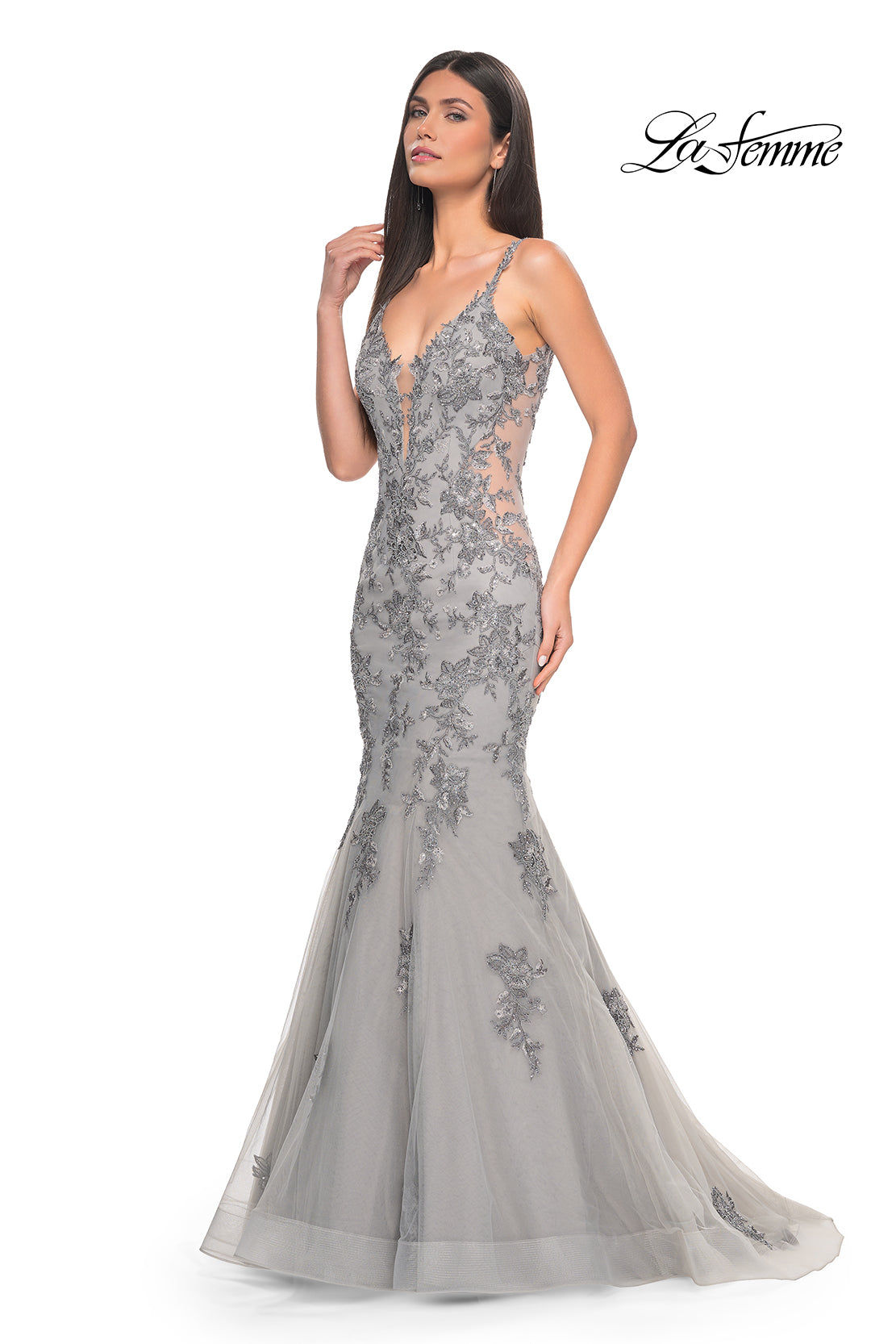 La Femme 32295 - An enchanting mermaid gown with lace applique and illusion mesh sides, perfect for a classic yet modern look at prom or evening events.