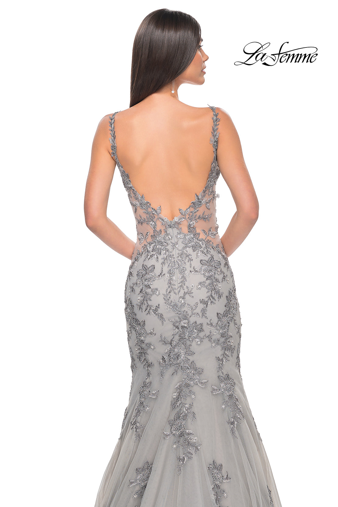 La Femme 32295 - An enchanting mermaid gown with lace applique and illusion mesh sides, perfect for a classic yet modern look at prom or evening events.