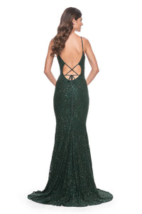 La Femme 32309 Beaded Lace Mermaid Prom Gown - An enchanting prom gown with a beaded lace mermaid silhouette, open lace-up back, and sheer lace panels on both sides. The model is wearing the dress in the color dark emerald.  Back View.