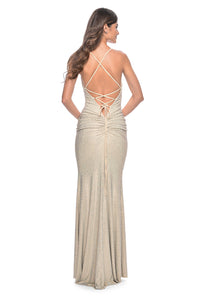 La Femme 32327 Fully Rhinestone Embellished Prom Gown - A glamorous prom gown with a fully rhinestone-embellished jersey fabric, draped neckline, lace-up tie back, and ruching along the zipper for a radiant and captivating look.