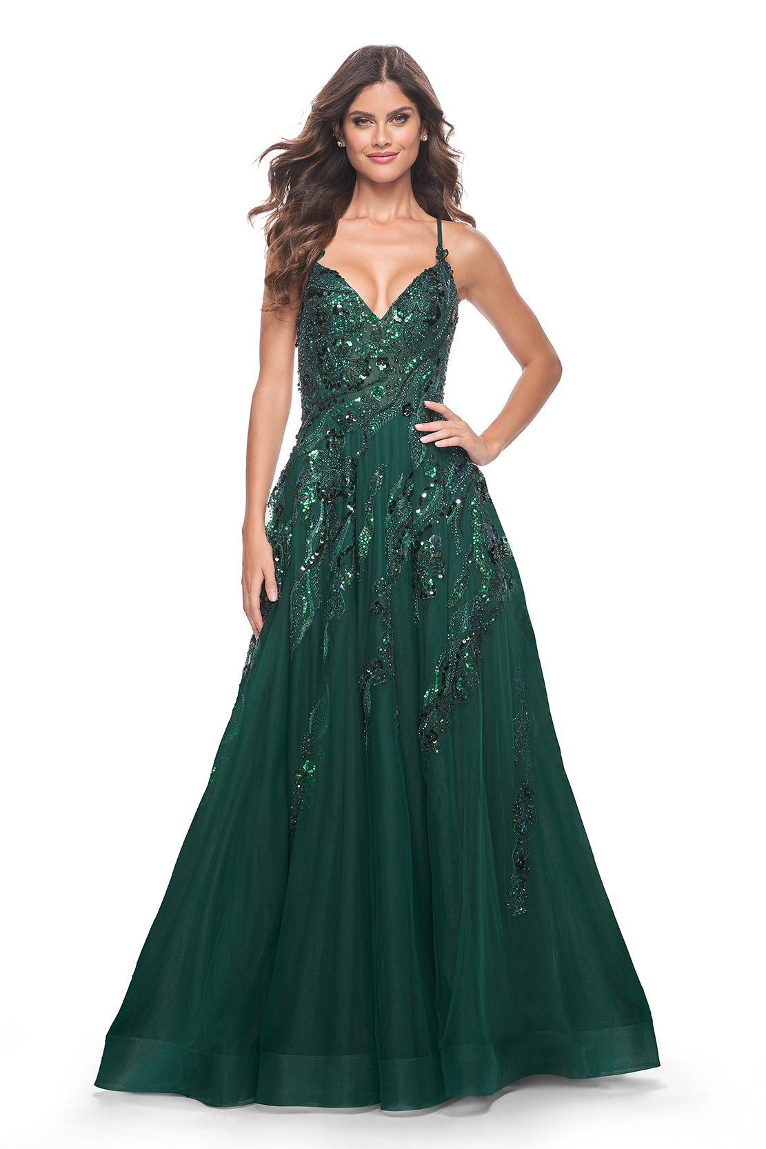 La Femme 32346 - An A-line prom gown with jewel-toned sequin applique, perfect for a captivating and glamorous look at prom or evening events.