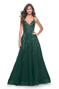 La Femme 32346 - An A-line prom gown with jewel-toned sequin applique, perfect for a captivating and glamorous look at prom or evening events.