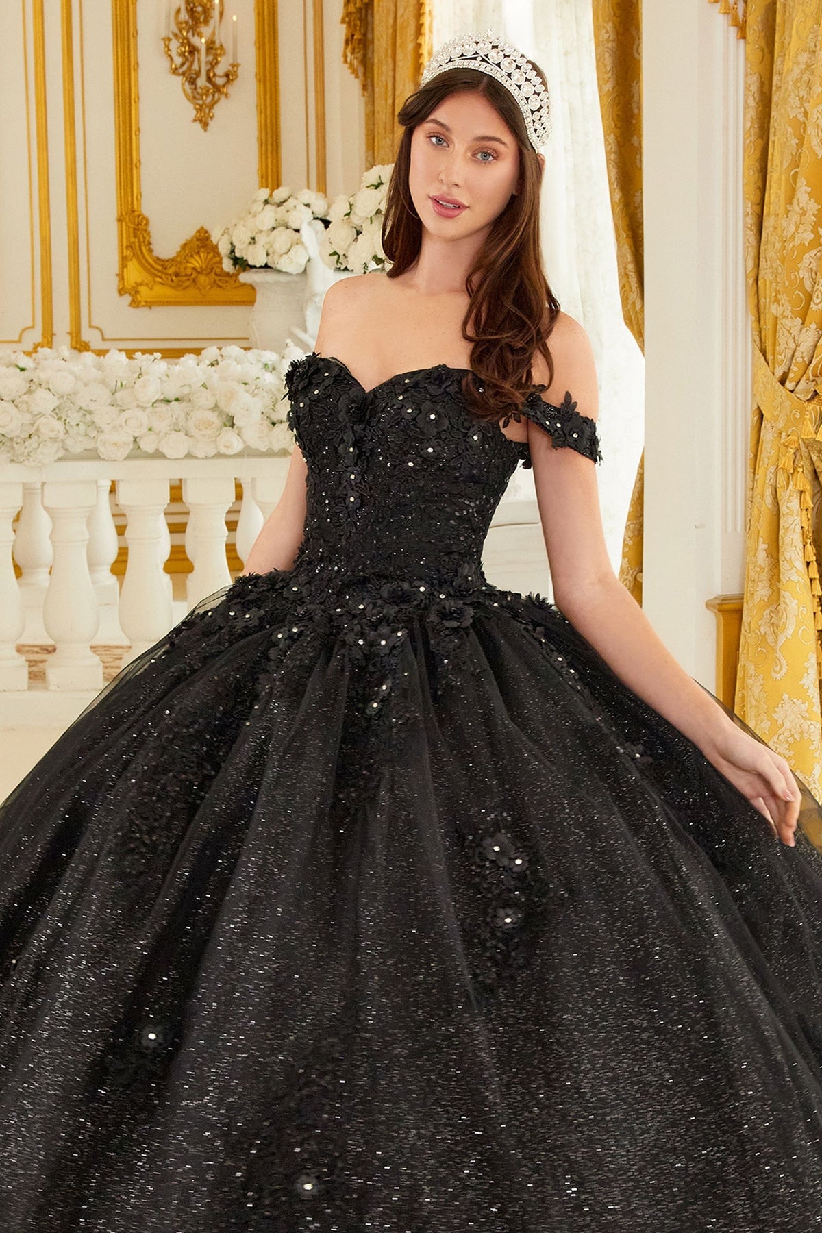 LaDivine by Cinderella Divine - Style 15702 - Off-the-Shoulder Floral Ball Gown, A-Line Silhouette, Sweetheart Bodice, Cap Sleeves, Beaded 3D Floral Appliques. Available at Madeline's Boutique In Boca Raton, Florida.  Picture is of the dress in black.
