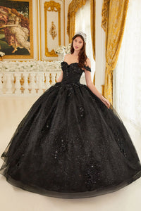 LaDivine by Cinderella Divine - Style 15702 - Off-the-Shoulder Floral Ball Gown, A-Line Silhouette, Sweetheart Bodice, Cap Sleeves, Beaded 3D Floral Appliques. Available at Madeline's Boutique In Boca Raton, Florida.  Picture is of the dress in black.