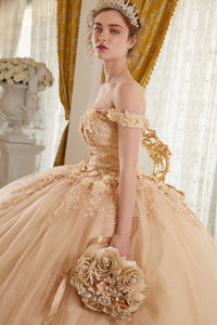 LaDivine by Cinderella Divine - Style 15702 - Off-the-Shoulder Floral Ball Gown, A-Line Silhouette, Sweetheart Bodice, Cap Sleeves, Beaded 3D Floral Appliques. Available at Madeline's Boutique In Boca Raton, Florida. Picture is of the dress in Champagne..