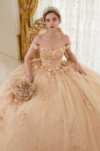 LaDivine by Cinderella Divine - Style 15702 - Off-the-Shoulder Floral Ball Gown, A-Line Silhouette, Sweetheart Bodice, Cap Sleeves, Beaded 3D Floral Appliques. Available at Madeline's Boutique In Boca Raton, Florida. Picture is of the dress in Champagne..