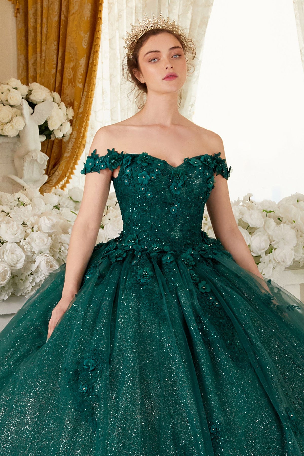 LaDivine by Cinderella Divine - Style 15702 - Off-the-Shoulder Floral Ball Gown, A-Line Silhouette, Sweetheart Bodice, Cap Sleeves, Beaded 3D Floral Appliques. Available at Madeline's Boutique In Boca Raton, Florida. Picture is of the dress in Emerald.