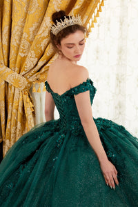 LaDivine by Cinderella Divine - Style 15702 - Off-the-Shoulder Floral Ball Gown, A-Line Silhouette, Sweetheart Bodice, Cap Sleeves, Beaded 3D Floral Appliques. Available at Madeline's Boutique In Boca Raton, Florida. Picture is of the dress in Emerald.