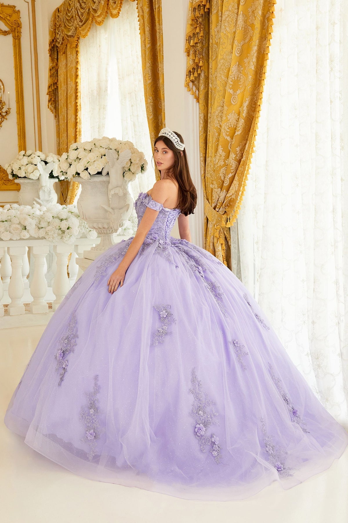 LaDivine by Cinderella Divine - Style 15702 - Off-the-Shoulder Floral Ball Gown, A-Line Silhouette, Sweetheart Bodice, Cap Sleeves, Beaded 3D Floral Appliques.  Available at Madeline's Boutique In Boca Raton, Florida.