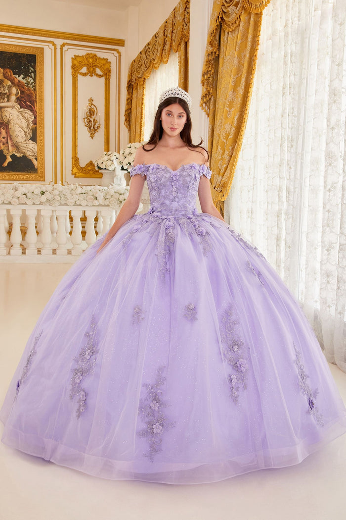 LaDivine by Cinderella Divine - Style 15702 - Off-the-Shoulder Floral Ball Gown, A-Line Silhouette, Sweetheart Bodice, Cap Sleeves, Beaded 3D Floral Appliques.  Available at Madeline's Boutique In Boca Raton, Florida.