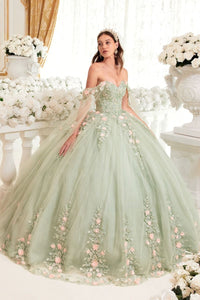 Ladivine 15716 off-the-shoulder sage green ball gown with floral and lace appliqué, perfect for Quinceañera celebrations.