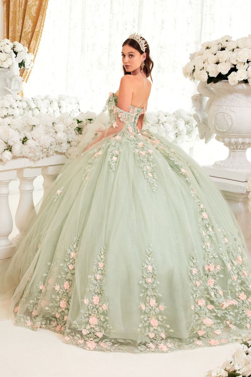 Ladivine 15716 off-the-shoulder sage green ball gown with floral and lace appliqué, perfect for Quinceañera celebrations.