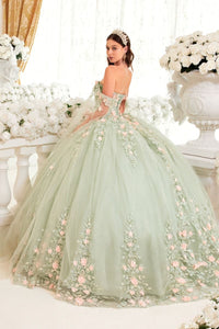 Ladivine 15716 off-the-shoulder sage green ball gown with floral and lace appliqué, perfect for Quinceañera celebrations.
