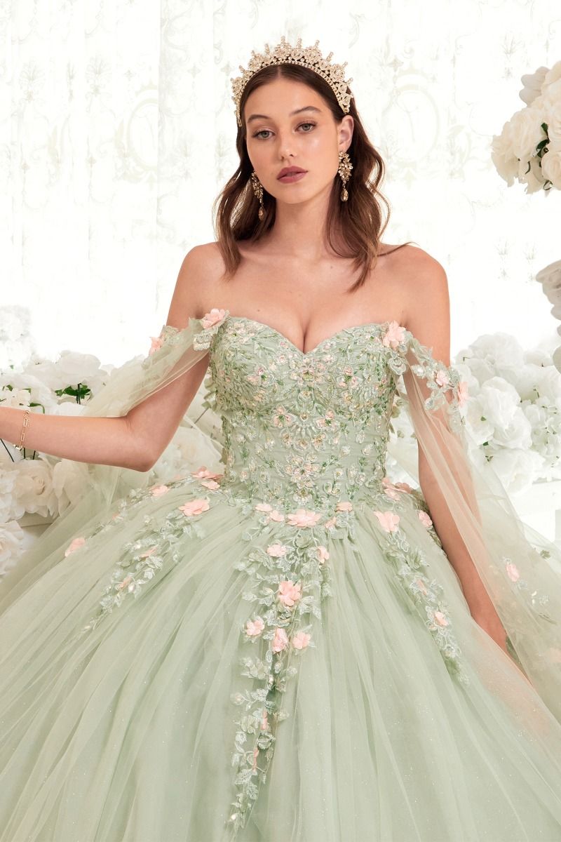 Ladivine 15716 off-the-shoulder sage green ball gown with floral and lace appliqué, perfect for Quinceañera celebrations.