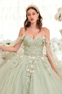 Ladivine 15716 off-the-shoulder sage green ball gown with floral and lace appliqué, perfect for Quinceañera celebrations.