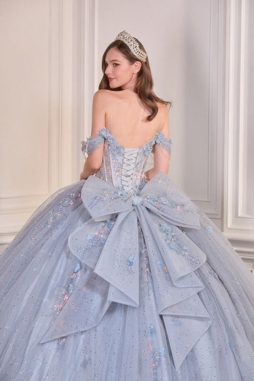 Model wearing Ladivine 15728 off-the-shoulder ball gown with sheer corset bodice, 3D floral appliqué, voluminous skirt, and oversized back bow.