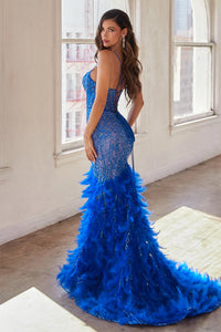 LaDivine CC2308 Enchanting Mermaid Prom Dress - A captivating mermaid silhouette dress with thin straps, v-neckline, glitter and bead embellishments on the sheer boned bodice, a tiered feathered skirt, and an open lace-up corset back.  The model is wearing the dress in Royal.