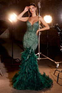 LaDivine CC2308 Enchanting Mermaid Prom Dress - A captivating mermaid silhouette dress with thin straps, v-neckline, glitter and bead embellishments on the sheer boned bodice, a tiered feathered skirt, and an open lace-up corset back.  The model is wearing the dress in emerald.