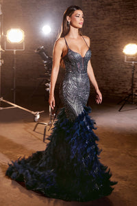 LaDivine CC2308 Enchanting Mermaid Prom Dress - A captivating mermaid silhouette dress with thin straps, v-neckline, glitter and bead embellishments on the sheer boned bodice, a tiered feathered skirt, and an open lace-up corset back.  The model is wearing the dress in Navy.