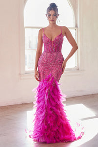 LaDivine CC2308 Enchanting Mermaid Prom Dress - A captivating mermaid silhouette dress with thin straps, v-neckline, glitter and bead embellishments on the sheer boned bodice, a tiered feathered skirt, and an open lace-up corset back.  The model is wearing the dress in Azalea Pink.