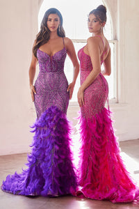 LaDivine CC2308 Enchanting Mermaid Prom Dress - A captivating mermaid silhouette dress with thin straps, v-neckline, glitter and bead embellishments on the sheer boned bodice, a tiered feathered skirt, and an open lace-up corset back. Picture is of models wearing the dress in Nova Purple and Azalea Pink colors.